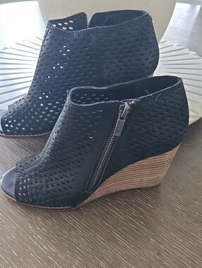 Lucky Brand Black Perforated Peep-Toe Wedge Booties